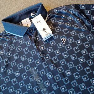 NWT Puma Golf Palm Tree Crew PTC Micro Golf Polo Mens Lg Navy Rickie Fowler KYGO
